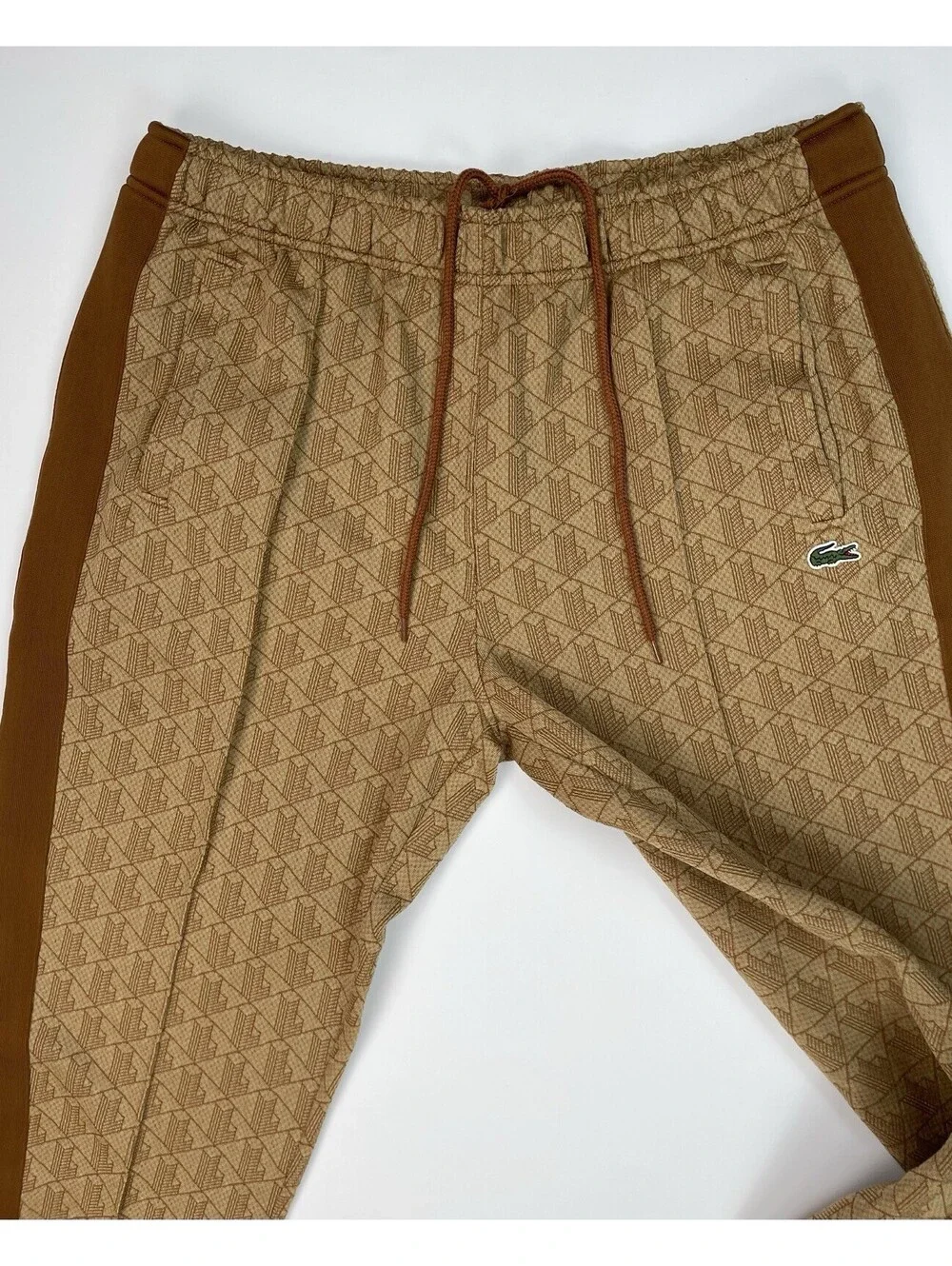 Lacoste Mens Monogram Jacquard Track Pants XL Brown Tapered Sweatpants - Picture 3 of 12